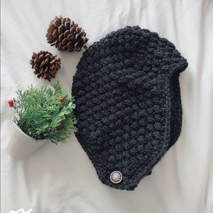 Black thick knit beanie with ear covers, handmade